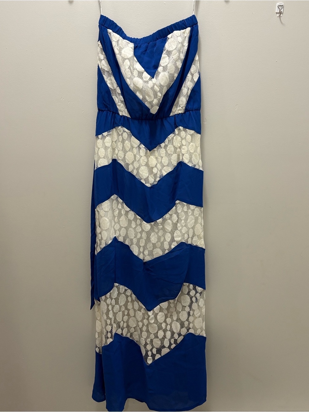 Marineblu Blue and White Chevron Lace Maxi Dress
